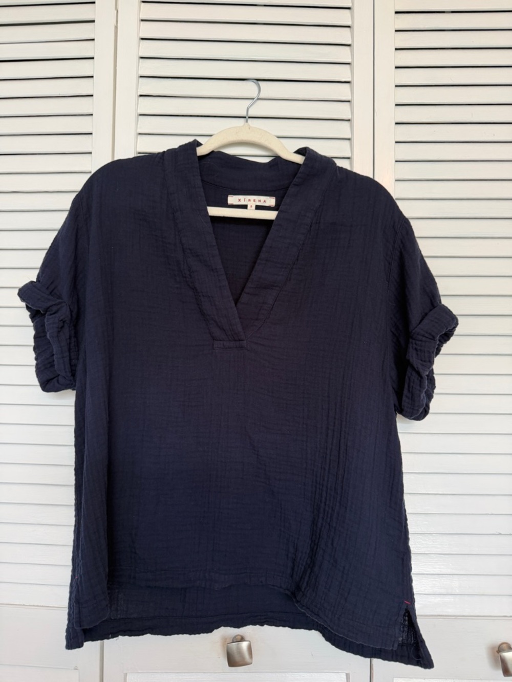Navy V-Neck Gauze Women's Top